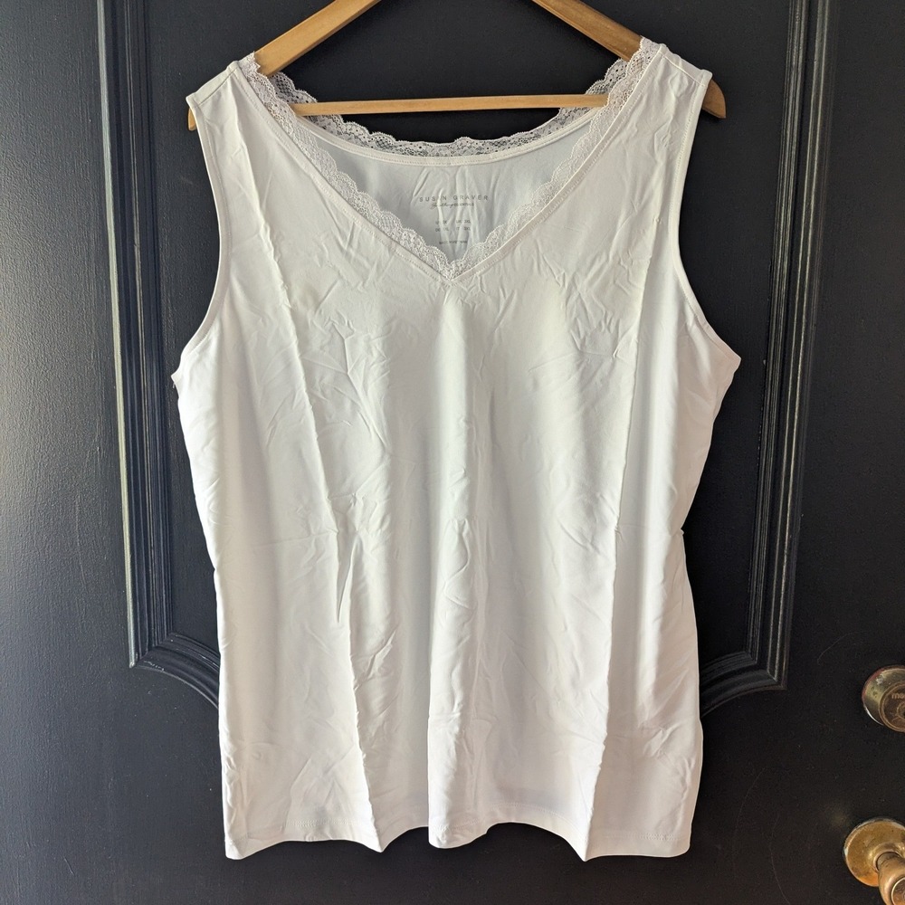 Susan Graver Essentials White Lace Trim V-Neck Camisole Tank Top Womens 2X
